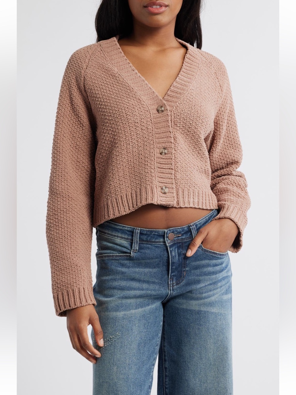 Billabong Cropped V-Neck Button Front Women's Sweater - Dusty Rose